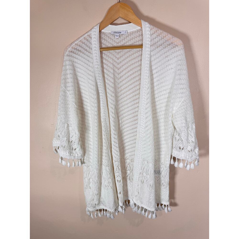 Chicos Crochet Open Knit Cardigan Tassel Lightweight Size 2/L 3/4 Sleeve Boho